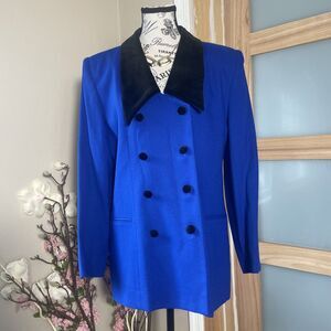 SUITSME Wool Blend Blazer Womens 12 Blue Velvet Collar Vintage Career Jacket